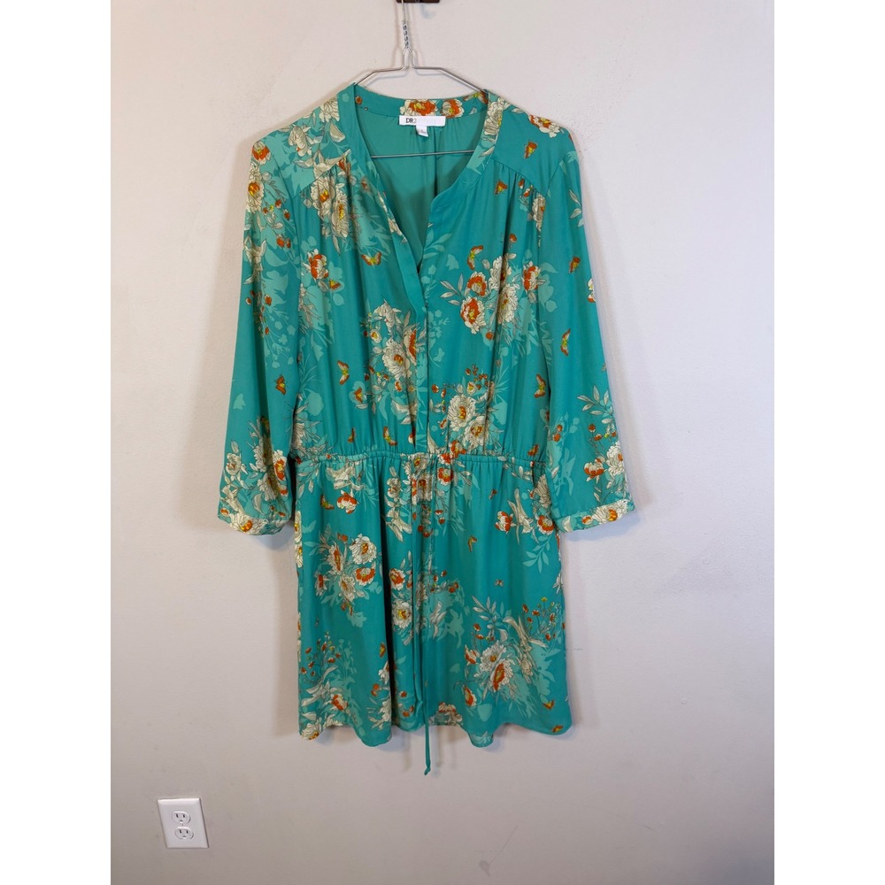 DR2 Women Dress Floral Elastic Waist Teal Green L